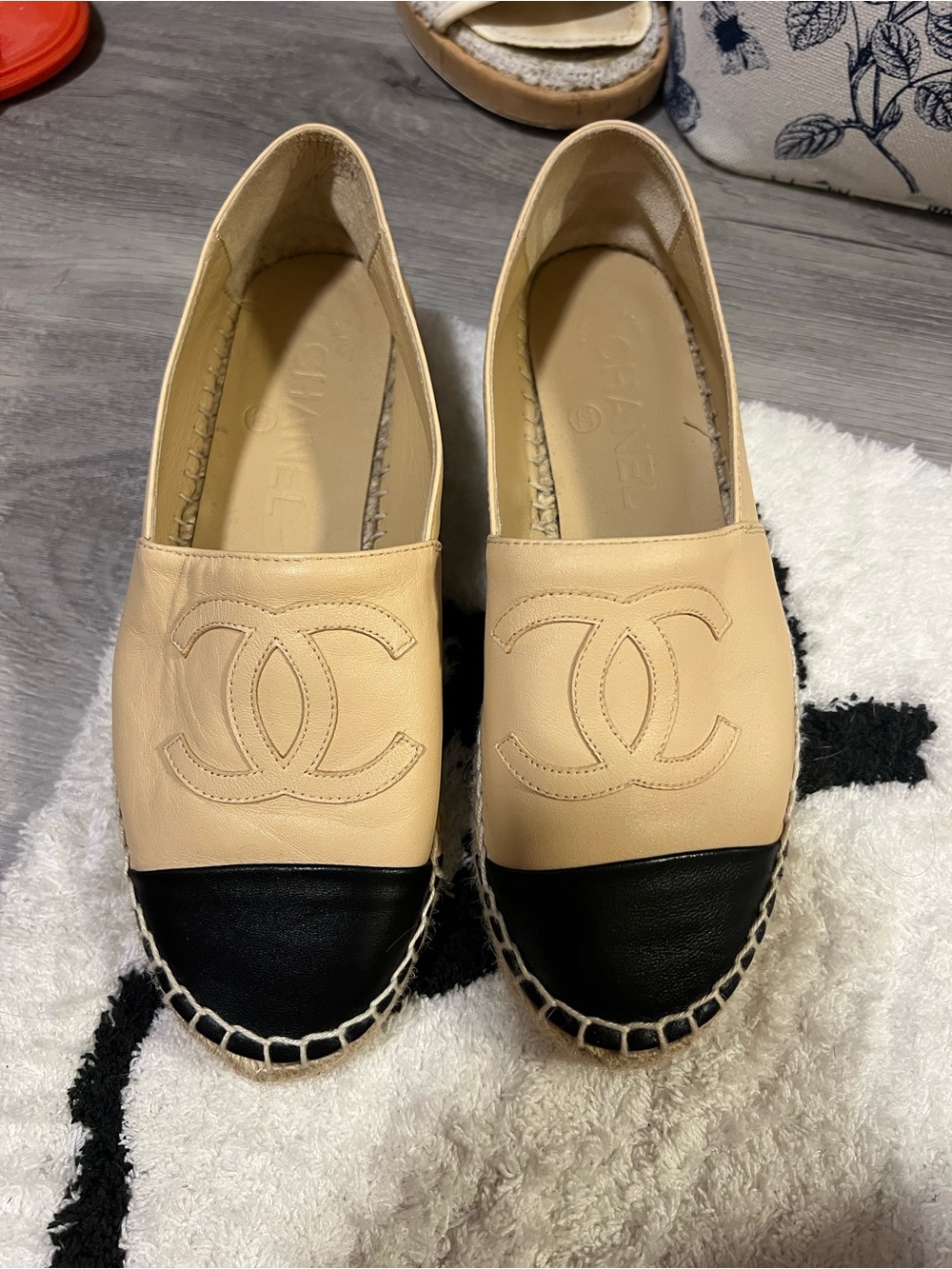 CHANEL Beige and Black Leather Espadrille Flats